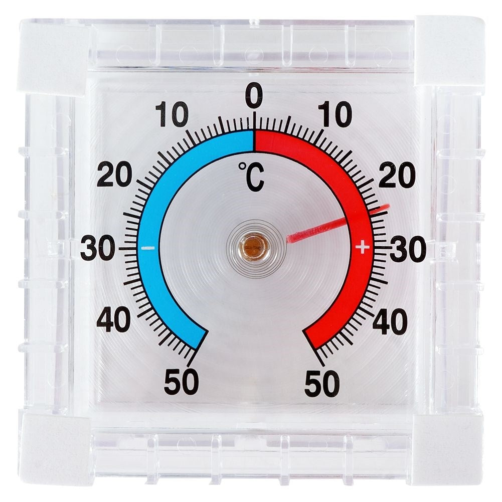 Square bimetallic thermometer for windows, -50°C to +50°C