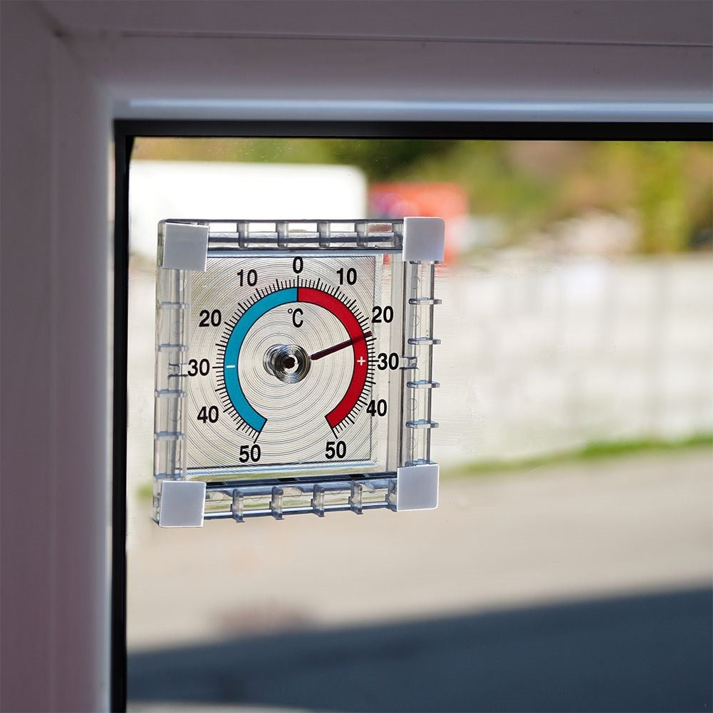 Square bimetallic thermometer for windows, -50°C to +50°C