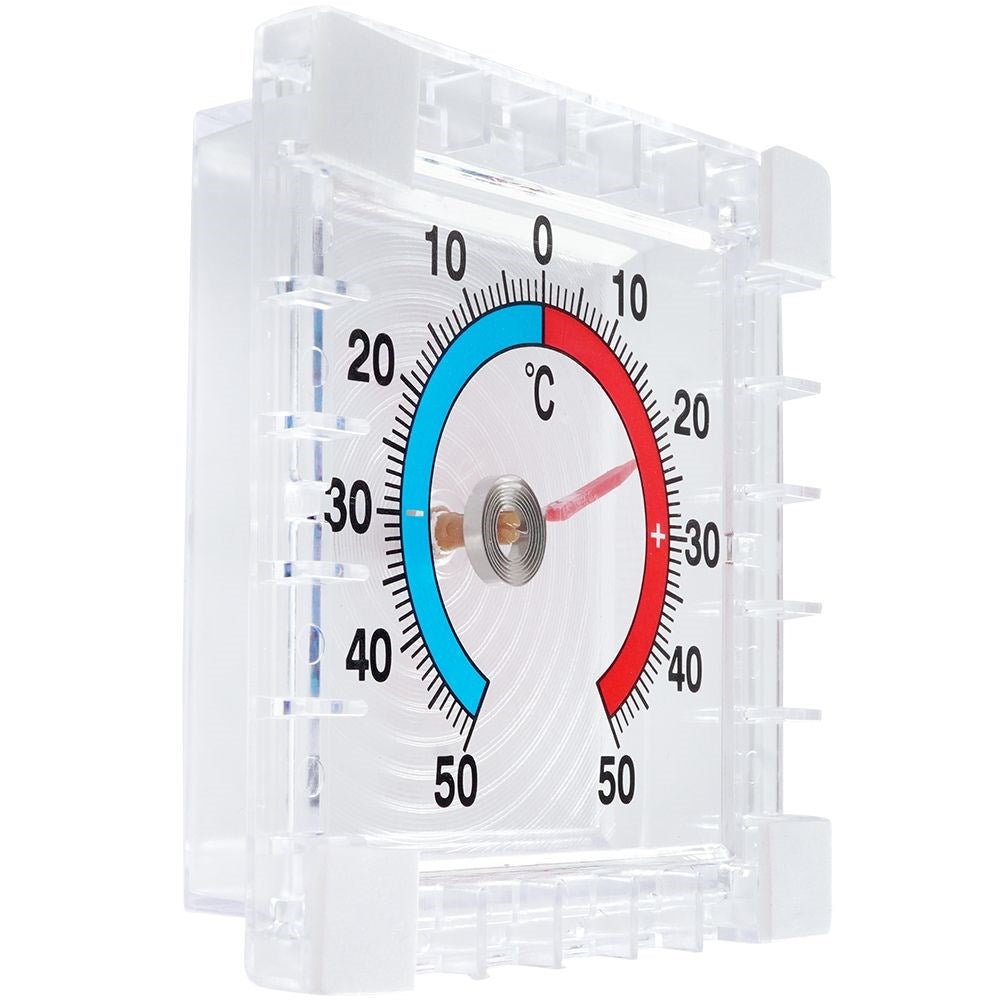 Square bimetallic thermometer for windows, -50°C to +50°C