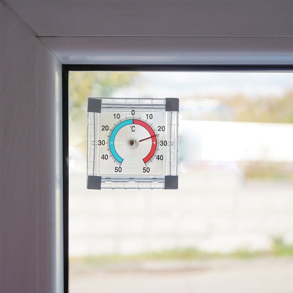 Square bimetallic thermometer for windows, -50°C to +50°C