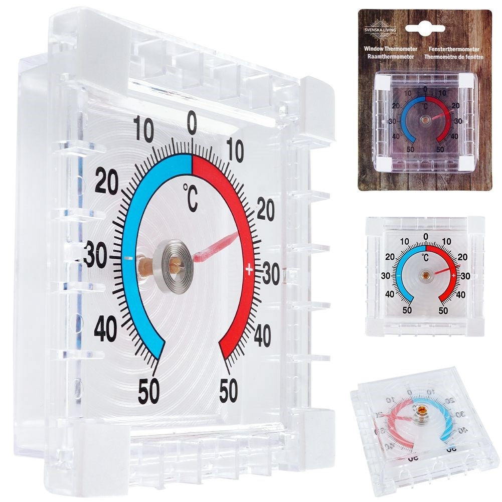 Square bimetallic thermometer for windows, -50°C to +50°C