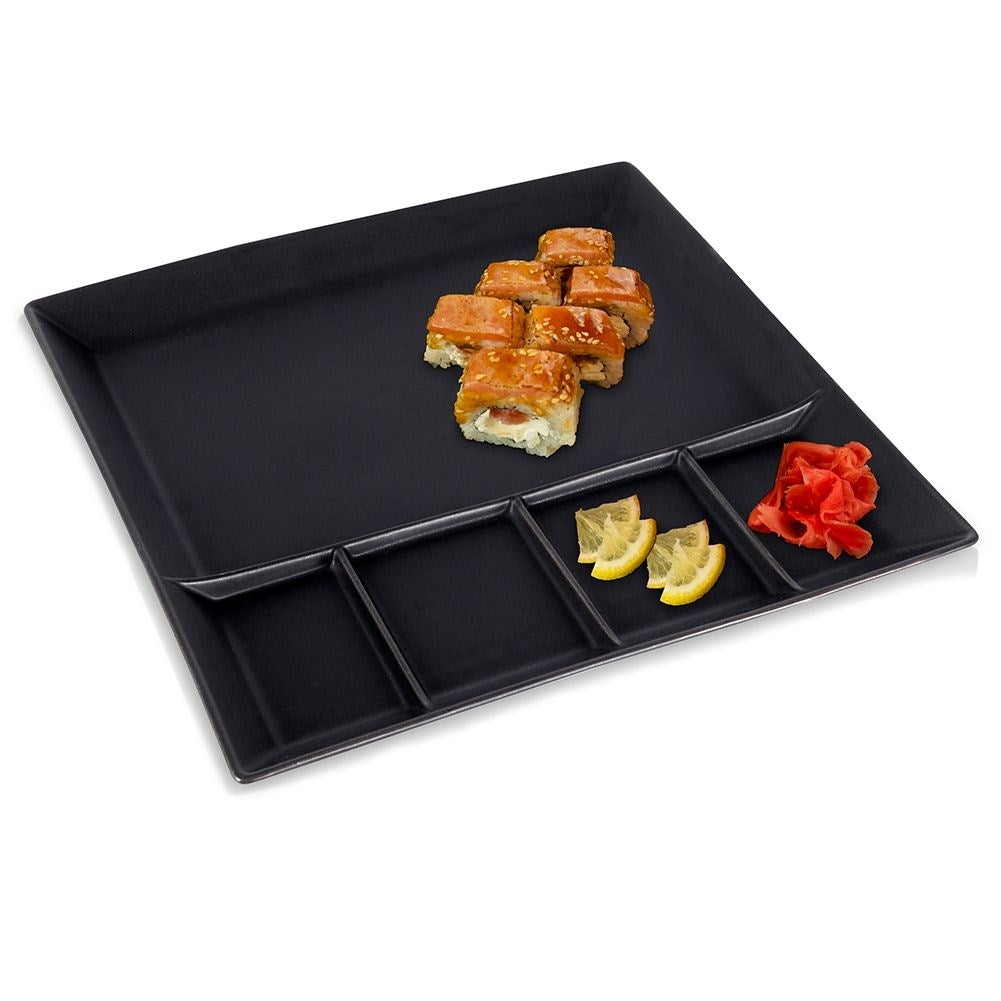 Square black porcelain tray with five sections for snacks