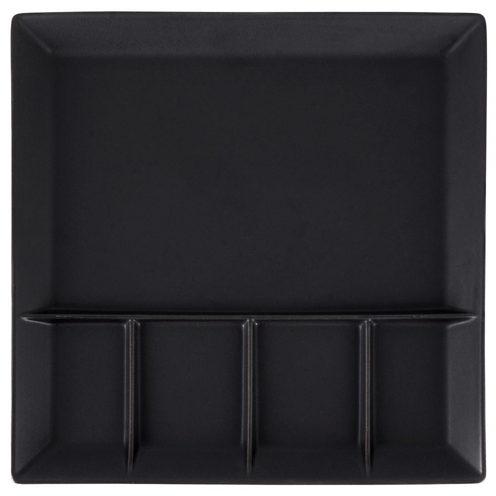 Square black porcelain tray with five sections for snacks