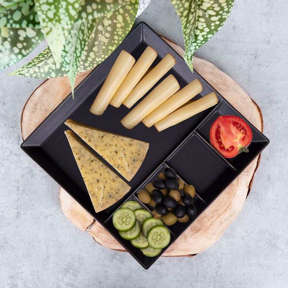 Square black porcelain tray with five sections for snacks