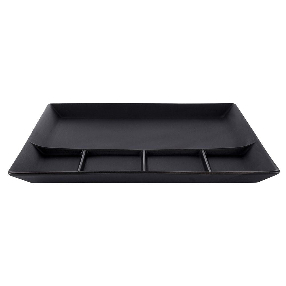 Square black porcelain tray with five sections for snacks