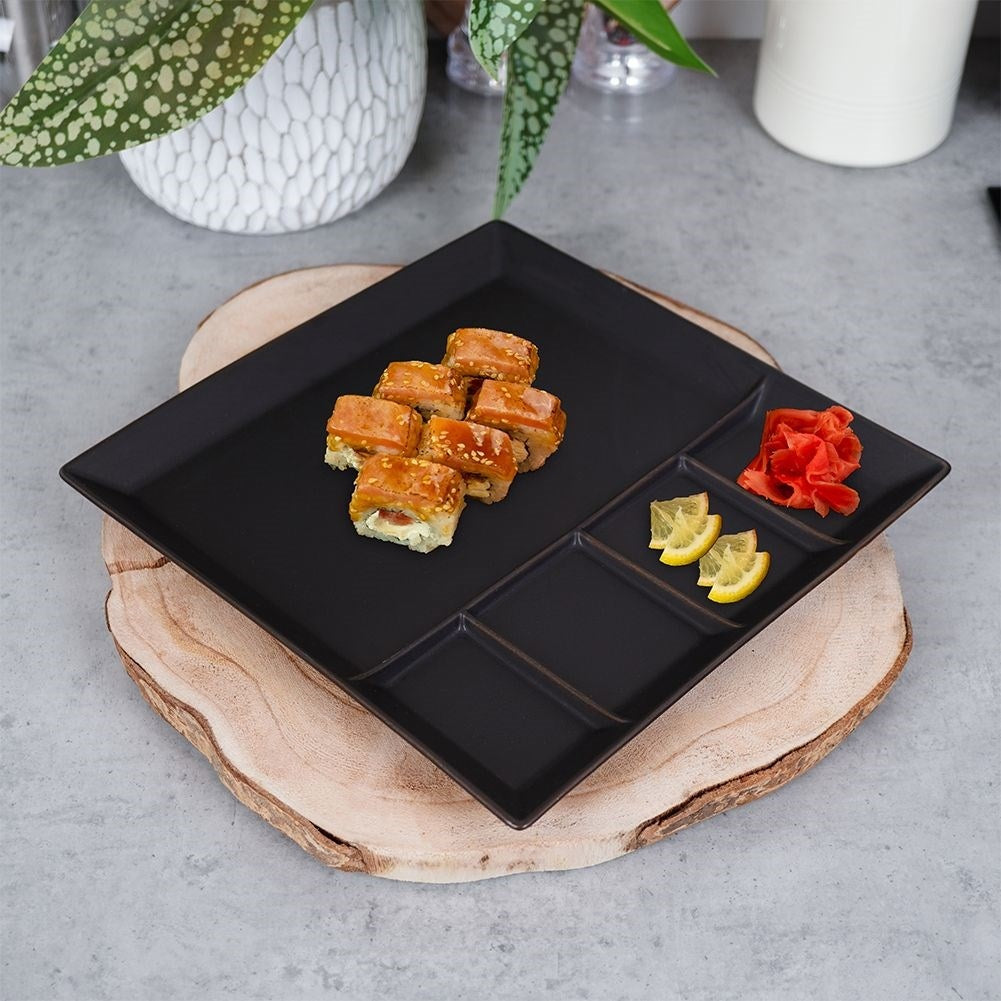 Square black porcelain tray with five sections for snacks