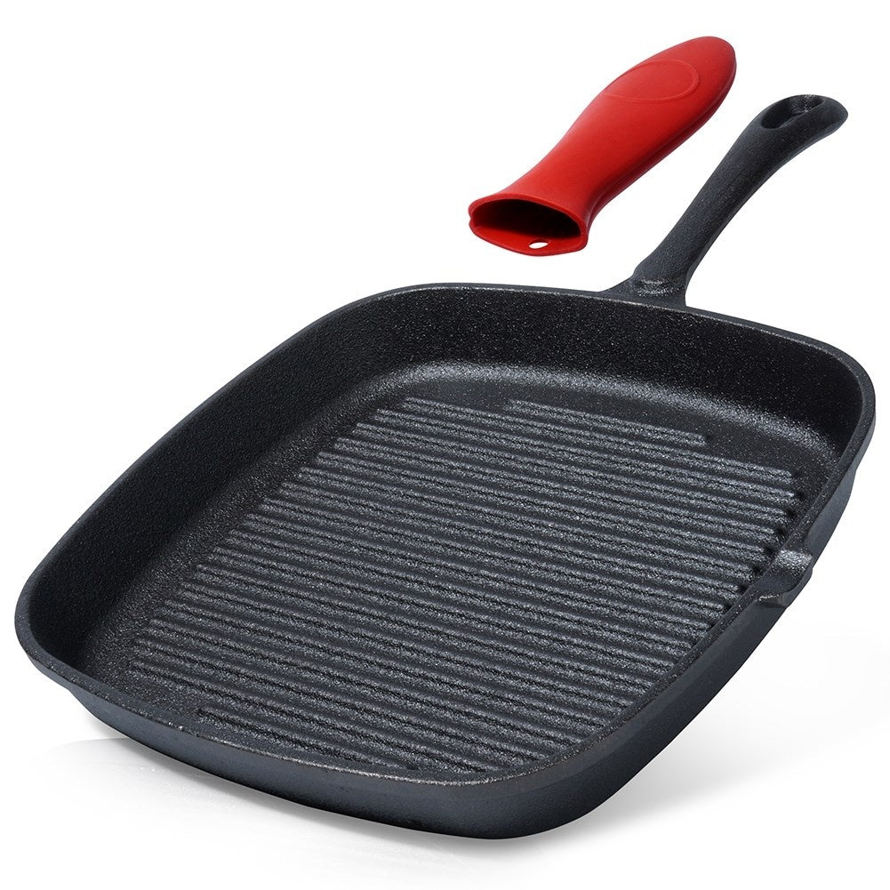 Square cast iron grill pan with grill base and silicone cover