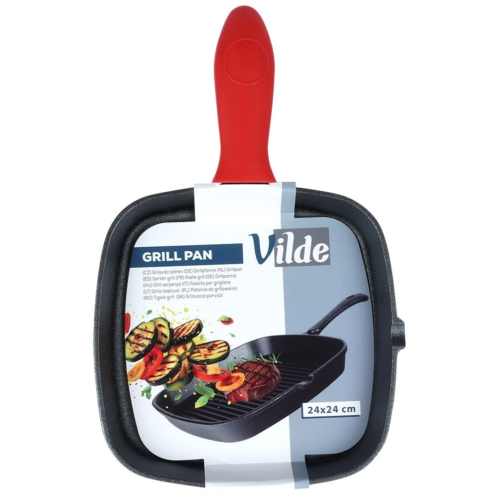 Square cast iron grill pan with grill base and silicone cover