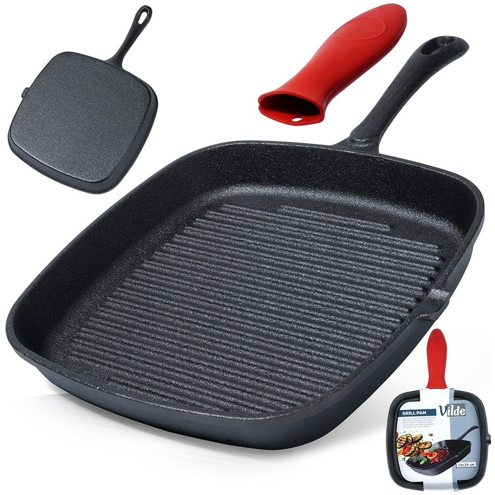 Square cast iron grill pan with grill base and silicone cover