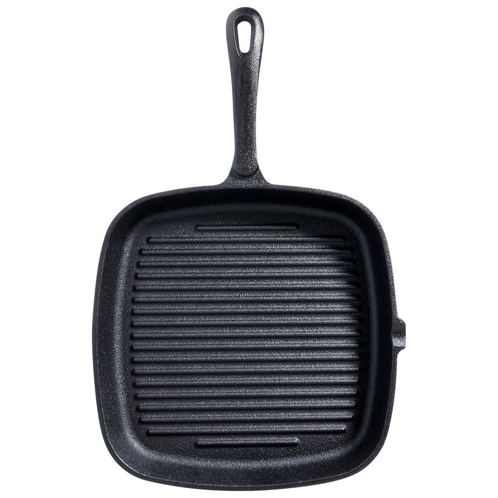 Square cast iron grill pan with grill base and silicone cover