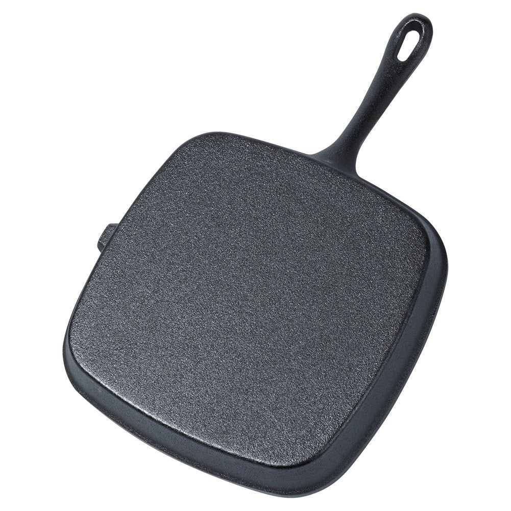 Square cast iron grill pan with grill base and silicone cover