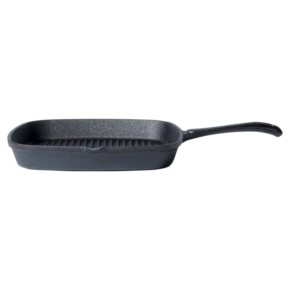 Square cast iron grill pan with grill base and silicone cover