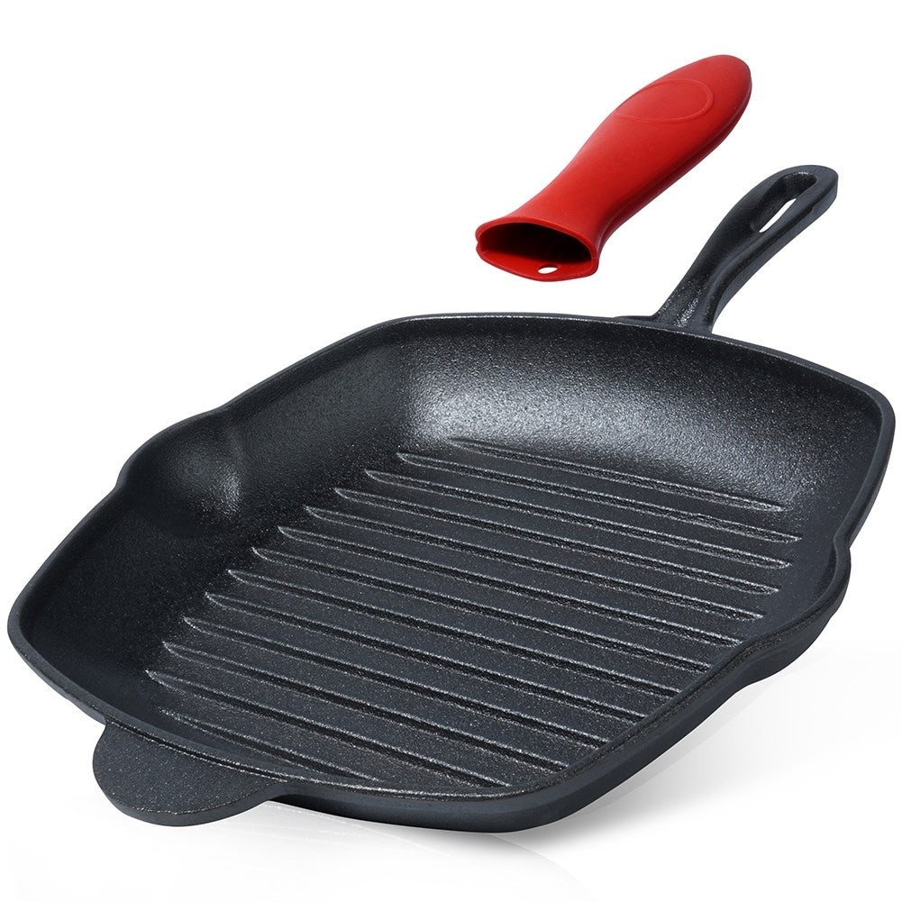 Square cast iron grill pan with silicone handle for all heat sources