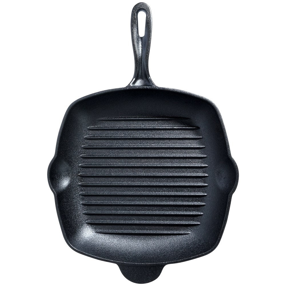 Square cast iron grill pan with silicone handle for all heat sources