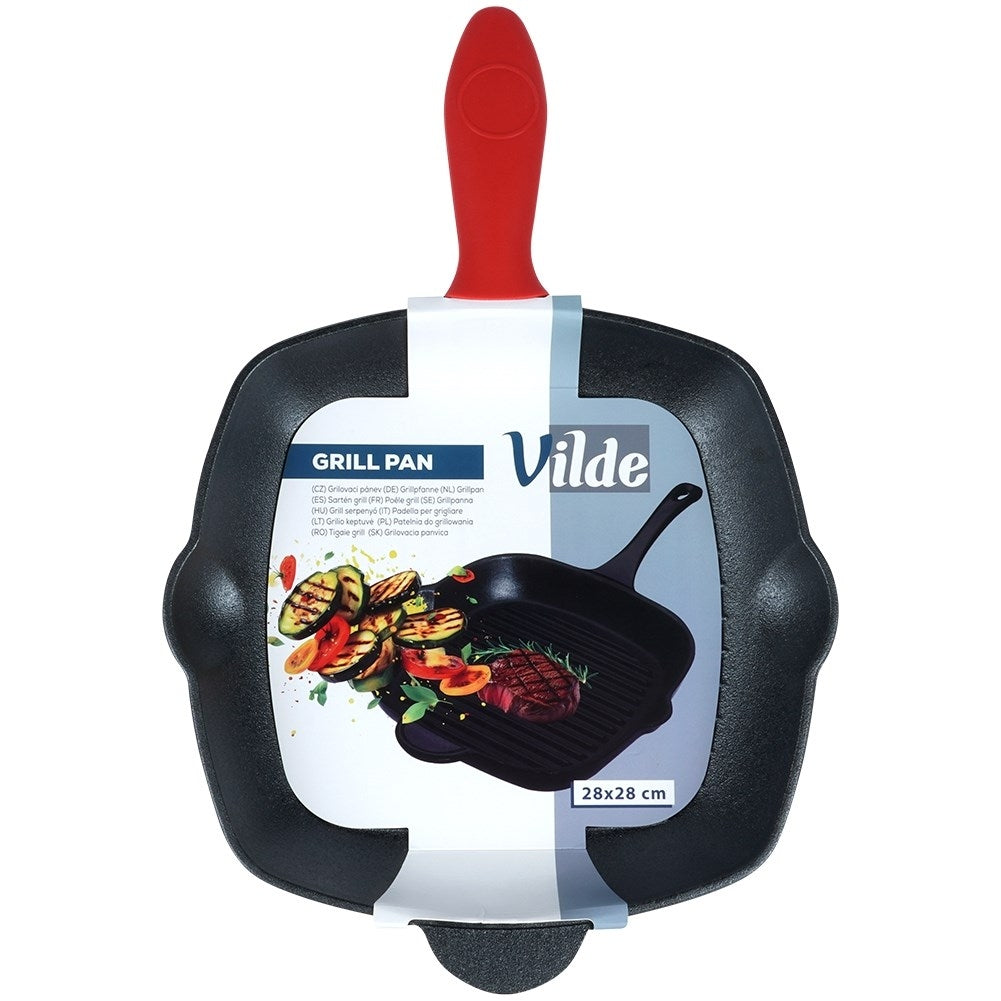 Square cast iron grill pan with silicone handle for all heat sources