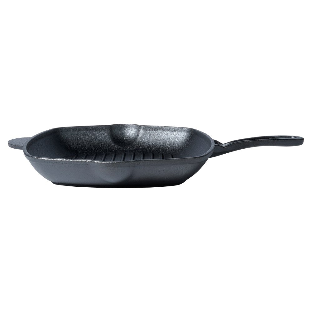 Square cast iron grill pan with silicone handle for all heat sources