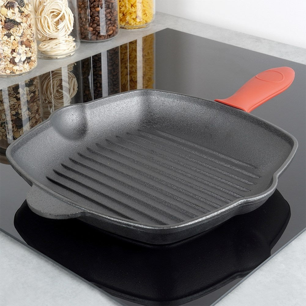 Square cast iron grill pan with silicone handle for all heat sources