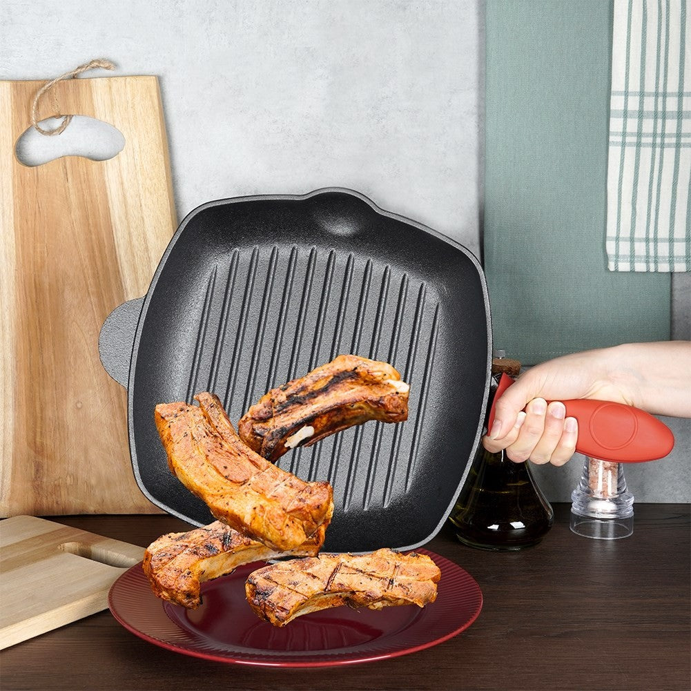 Square cast iron grill pan with silicone handle for all heat sources