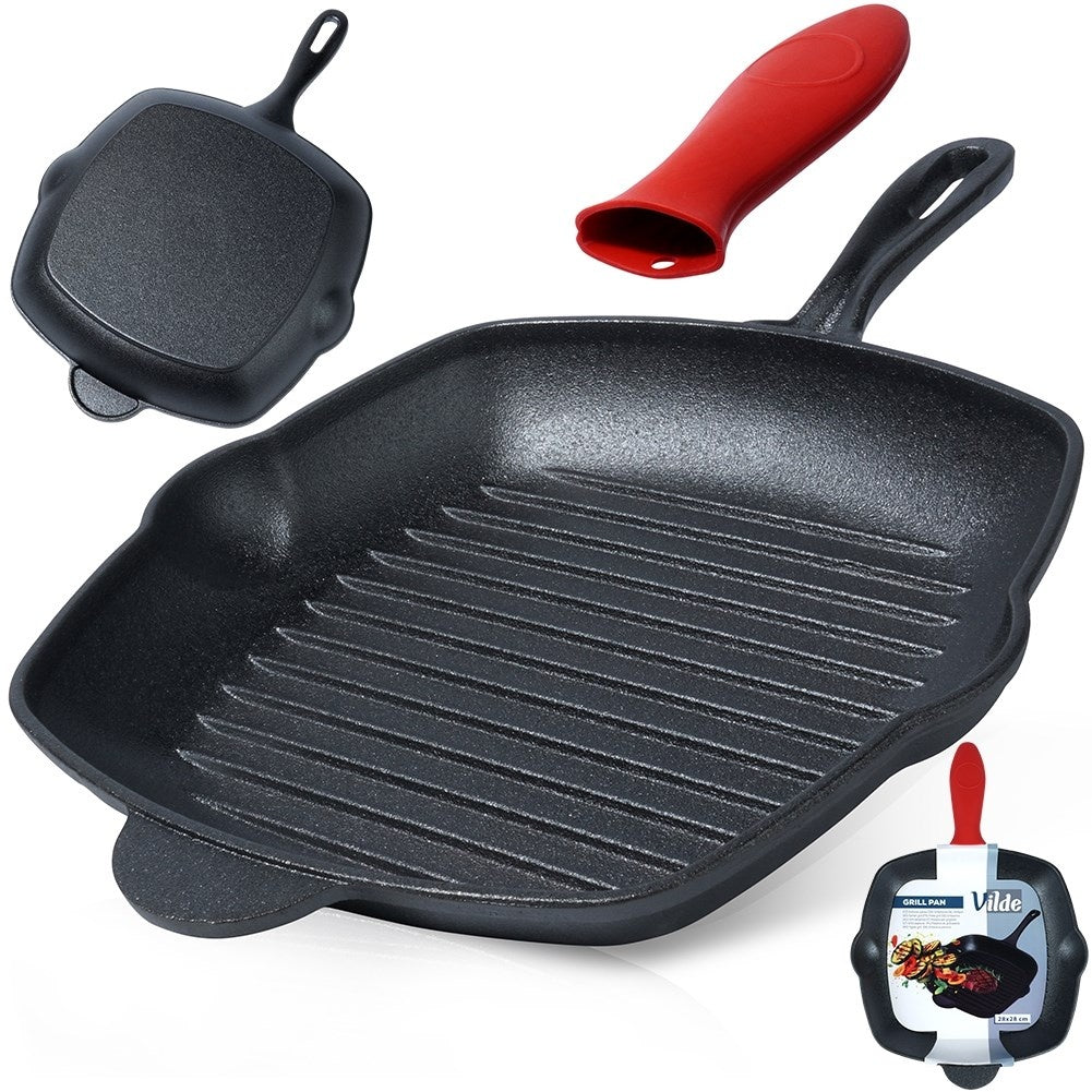 Square cast iron grill pan with silicone handle for all heat sources