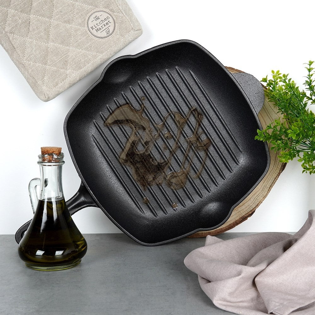 Square cast iron grill pan with silicone handle for all heat sources