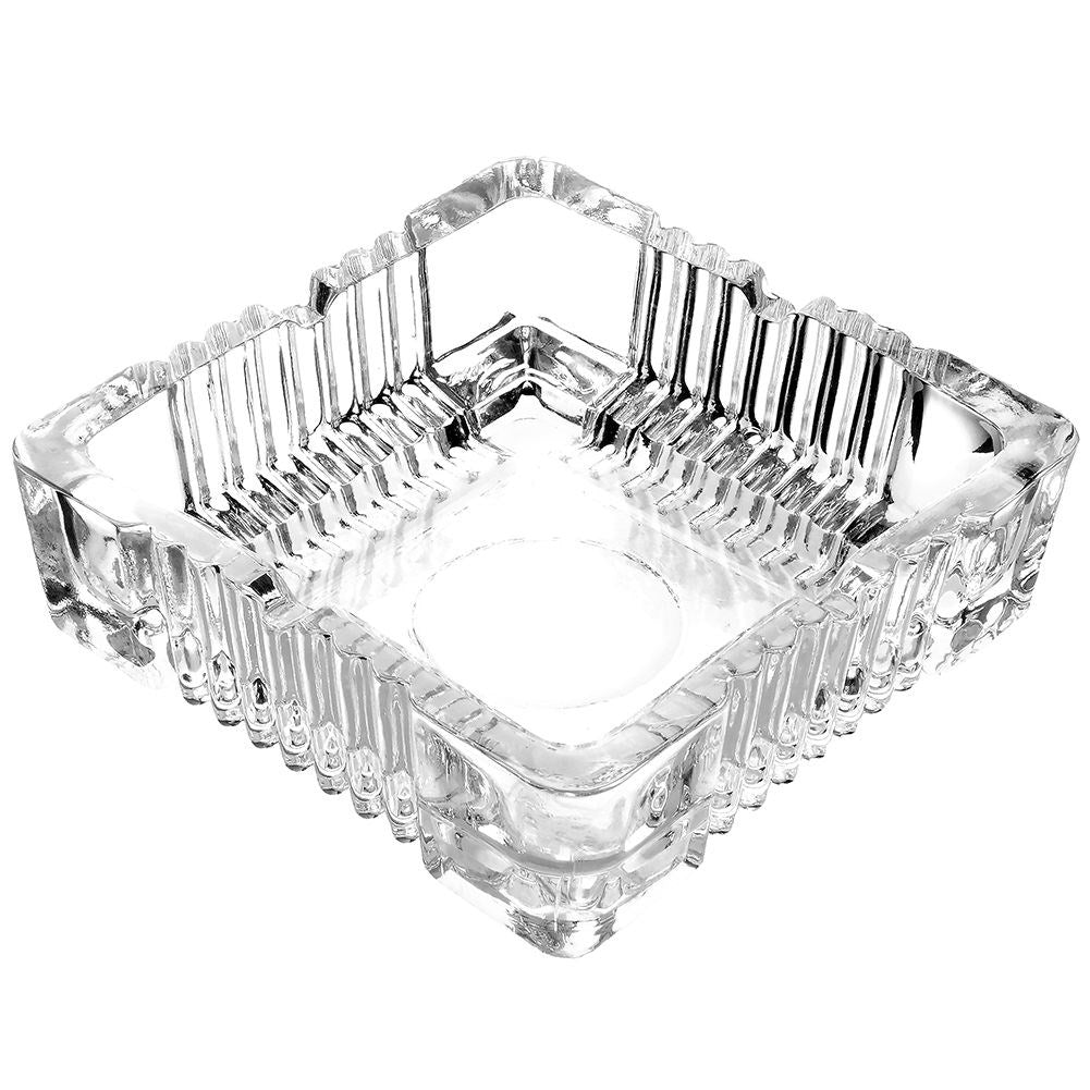 Square crystal-like glass ashtray with four cigarette sockets