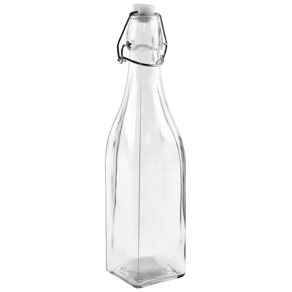 Square glass bottle with cork and clamp for drinks