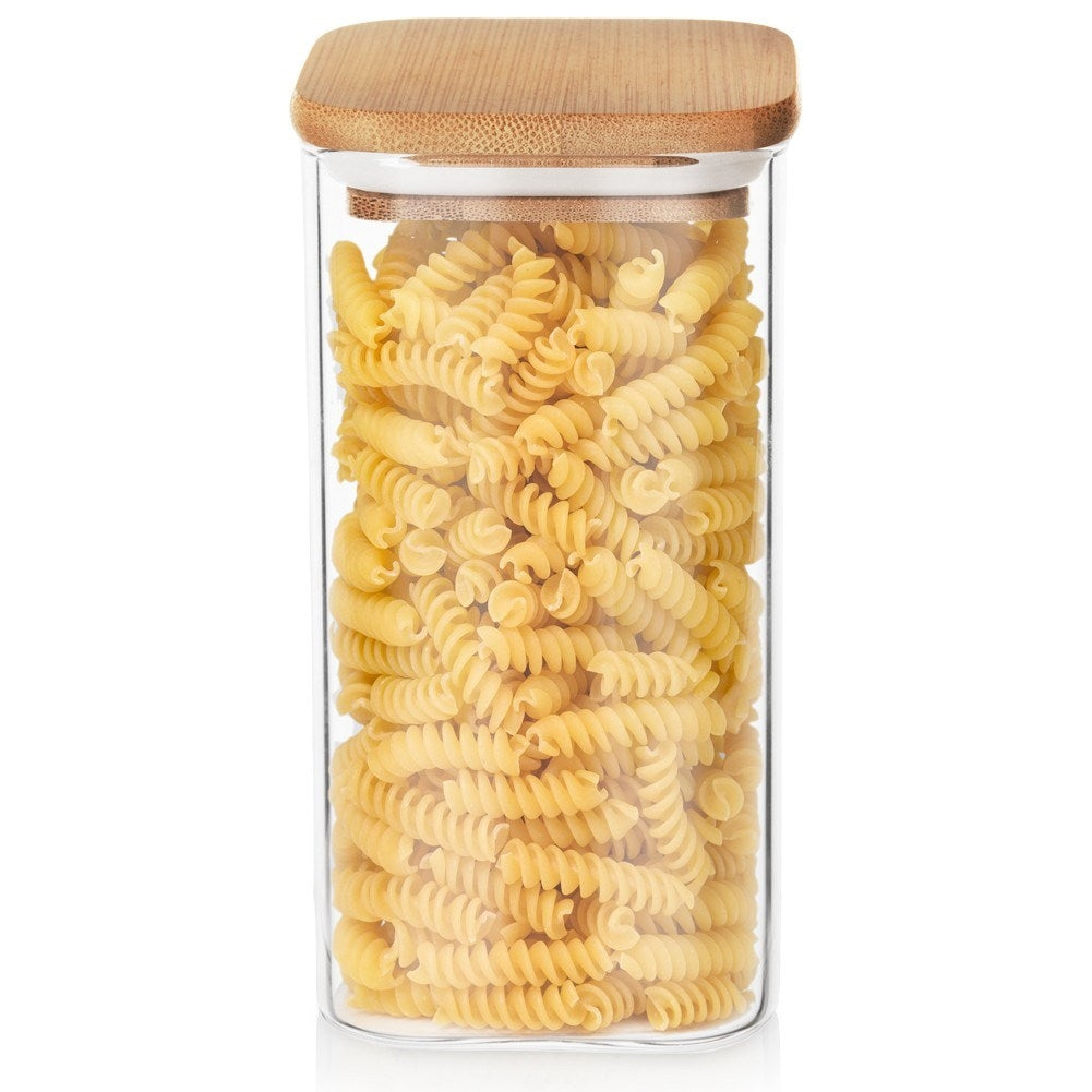 Square glass storage jar with tight bamboo lid