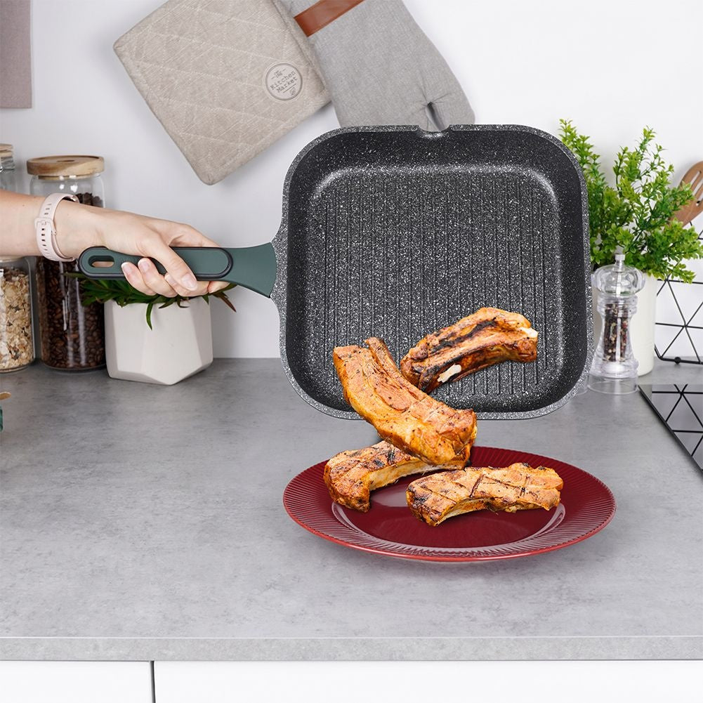 Square grill pan with five-layer non-stick granite coating