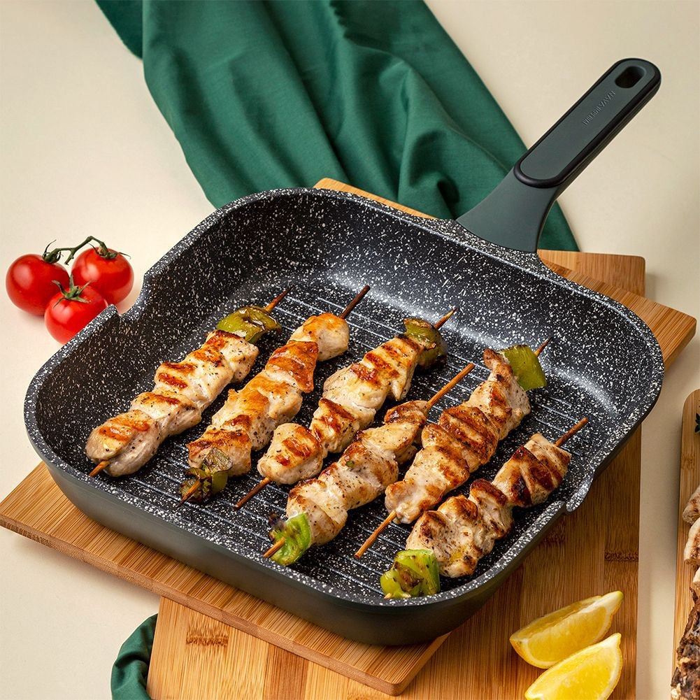 Square grill pan with five-layer non-stick granite coating