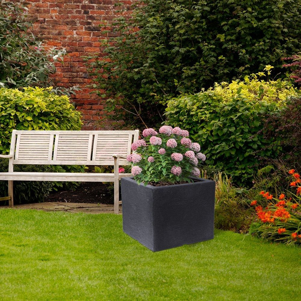 Square weatherproof pot in stone imitation, anthracite colour
