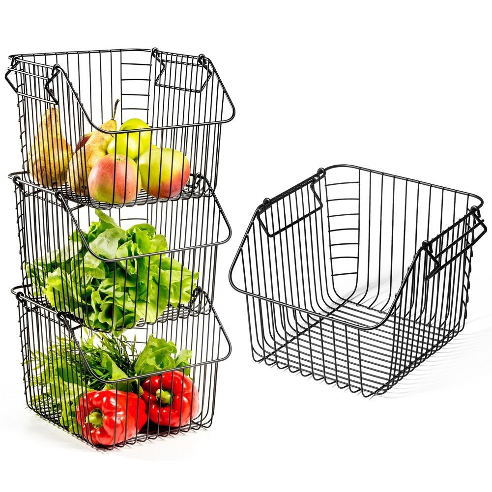 Stackable fruit basket in black metal for kitchen storage