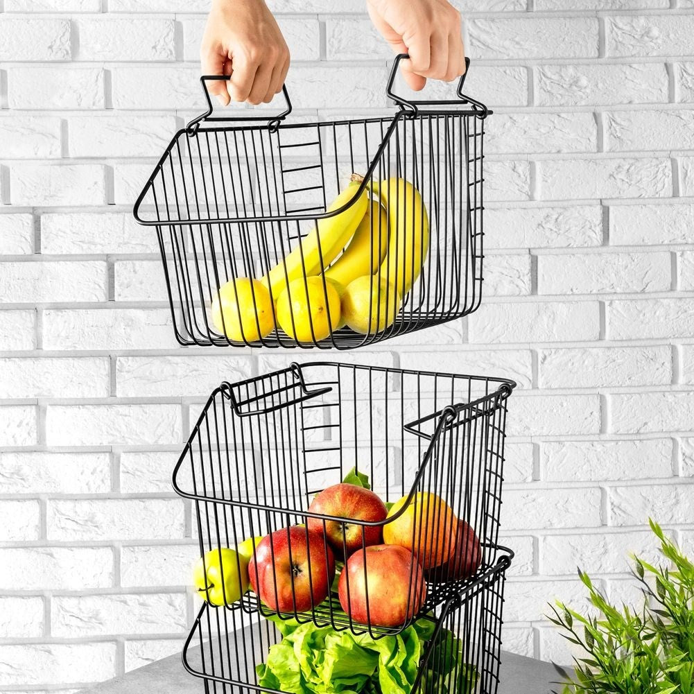 Stackable fruit basket in black metal for kitchen storage
