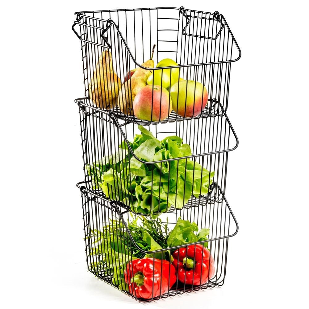 Stackable fruit basket in black metal for kitchen storage