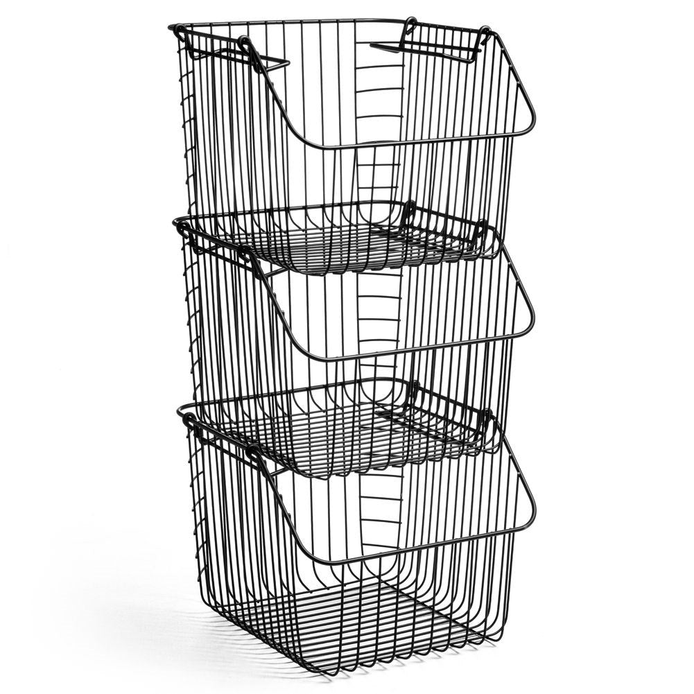 Stackable fruit basket in black metal for kitchen storage