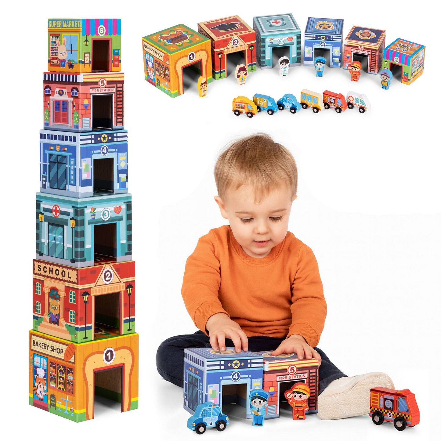 Stacking Tower City Set – 18-Piece Wooden Toy