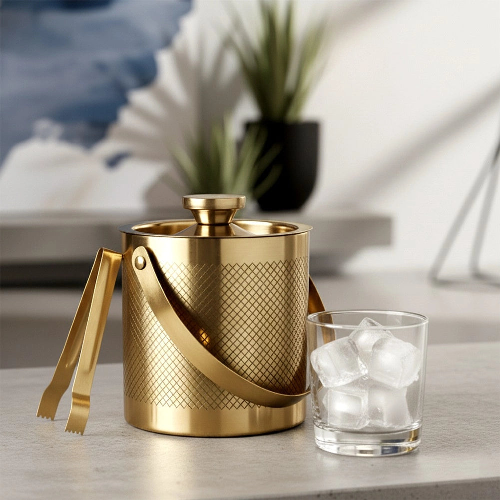 Stainless Steel Gold Ice Bucket with Tongs, 3L Capacity