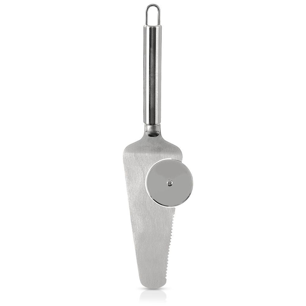 Stainless Steel Pizza Spatula with Cutter - Round Knife, Serrated Edges