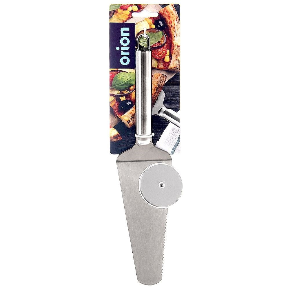 Stainless Steel Pizza Spatula with Cutter - Round Knife, Serrated Edges