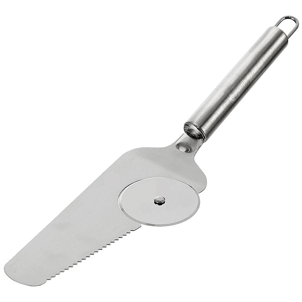 Stainless Steel Pizza Spatula with Cutter - Round Knife, Serrated Edges