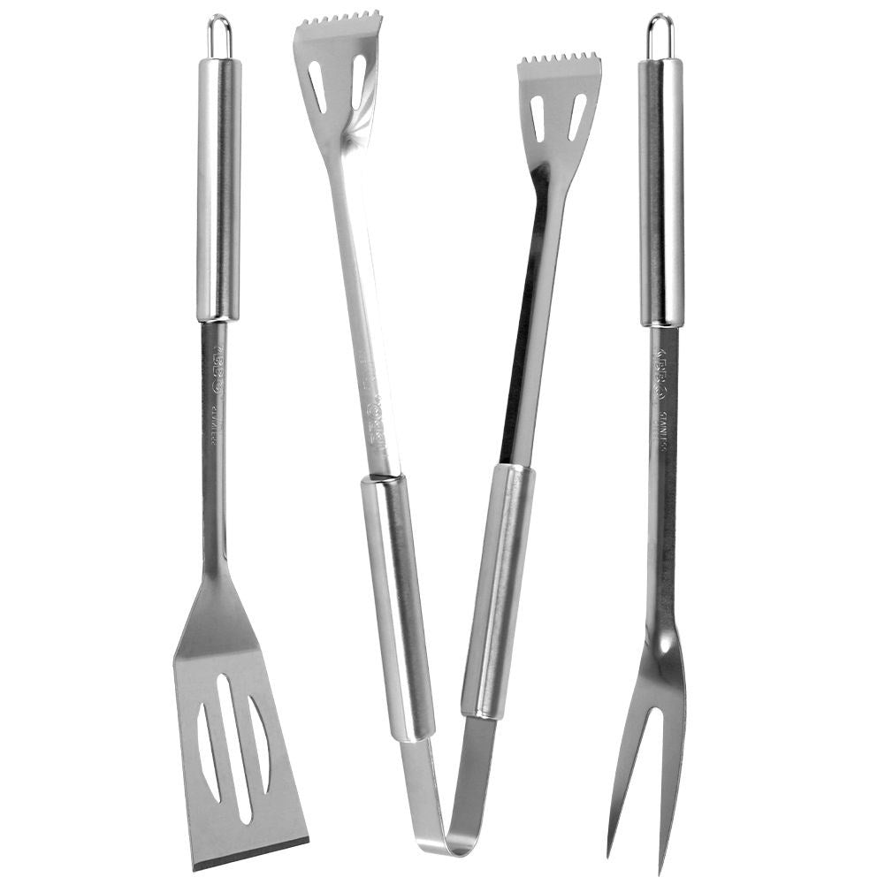 Stainless steel barbecue utensils: shovel, tongs, fork