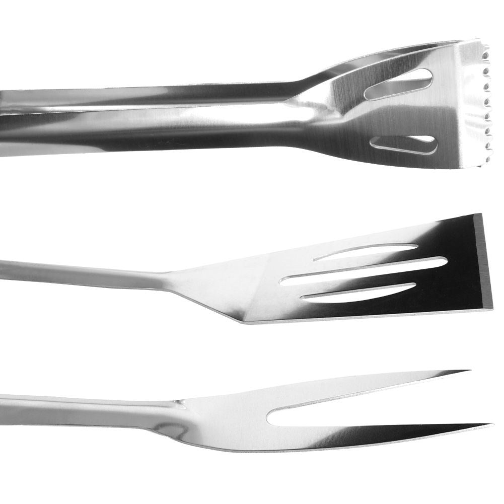 Stainless steel barbecue utensils: shovel, tongs, fork