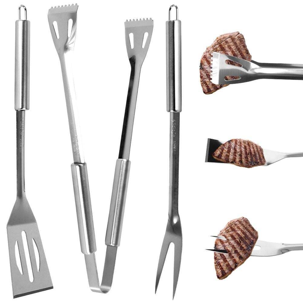 Stainless steel barbecue utensils: shovel, tongs, fork