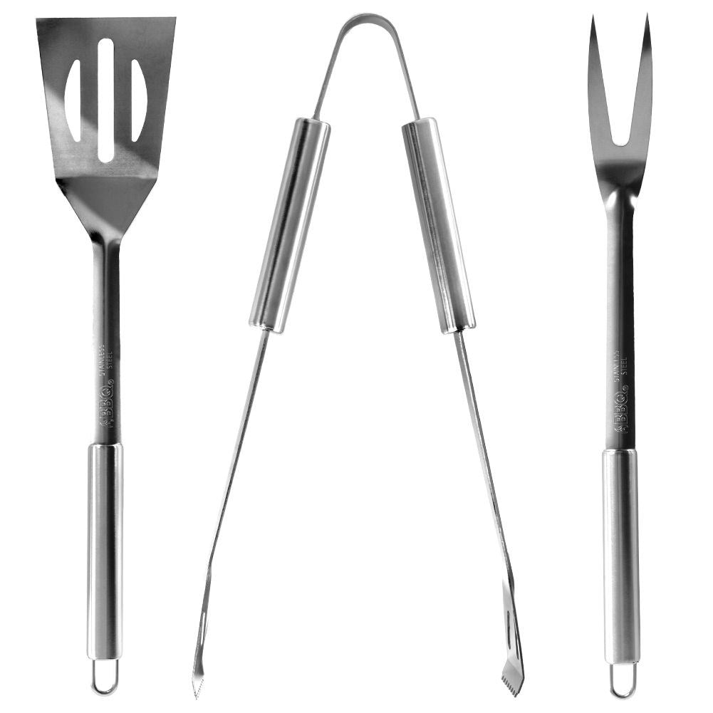 Stainless steel barbecue utensils: shovel, tongs, fork