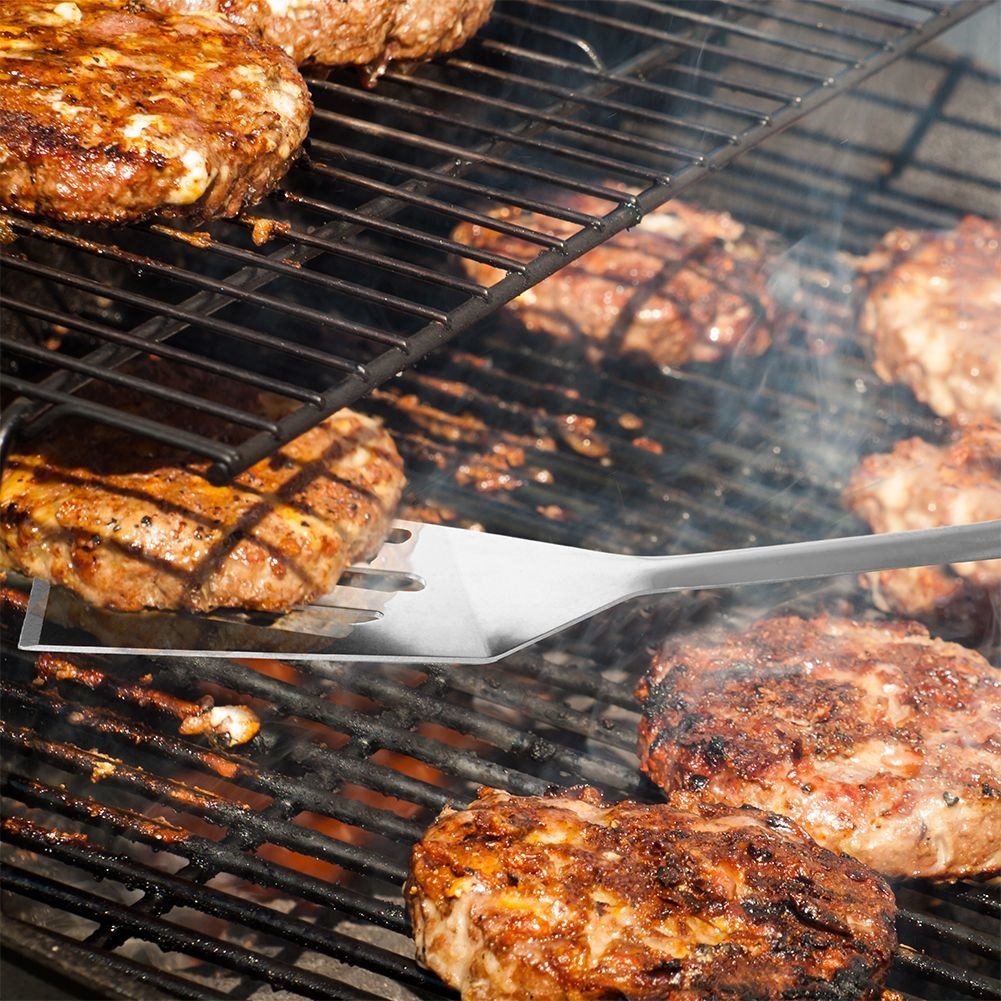 Stainless steel barbecue utensils: shovel, tongs, fork
