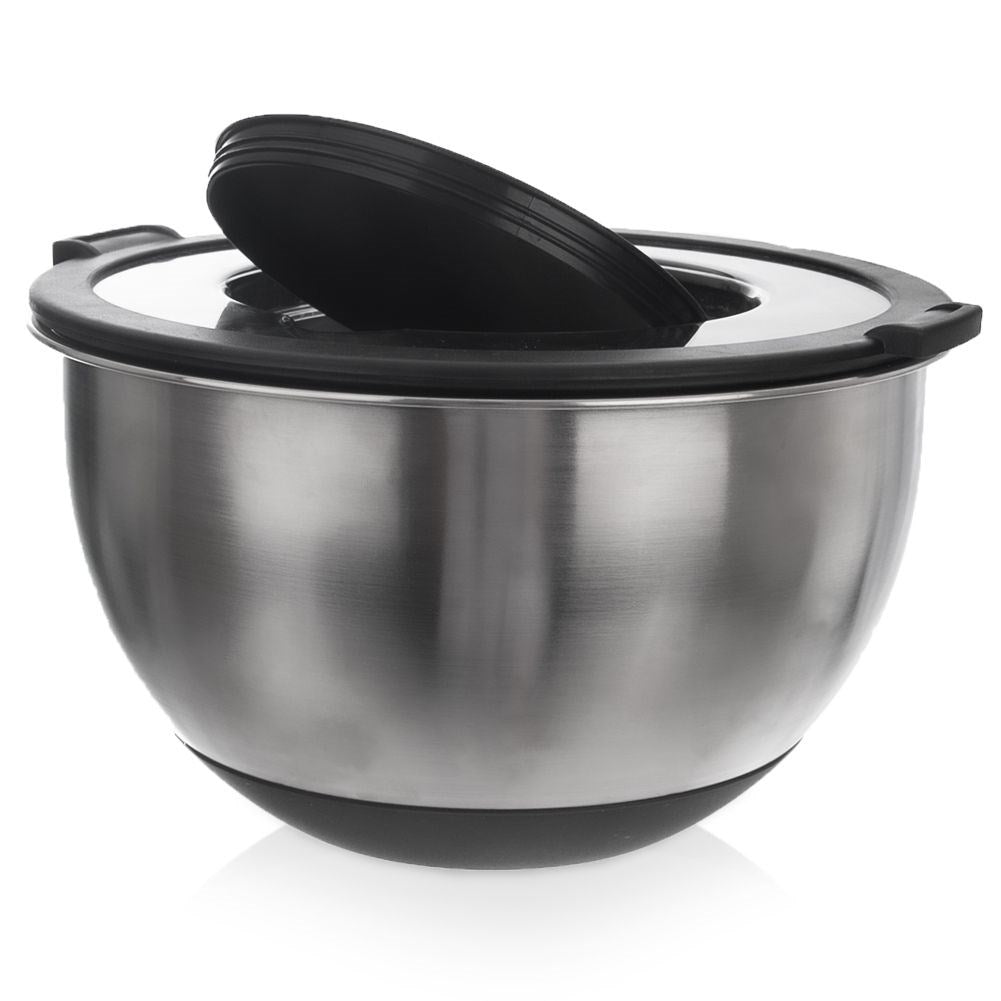 Stainless steel bowl with two-piece lid for kitchen use