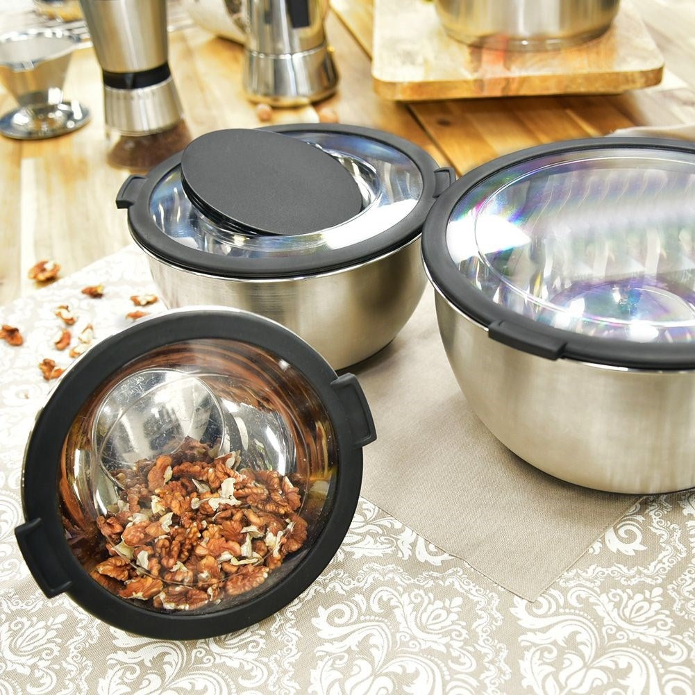 Stainless steel bowl with two-piece lid for kitchen use