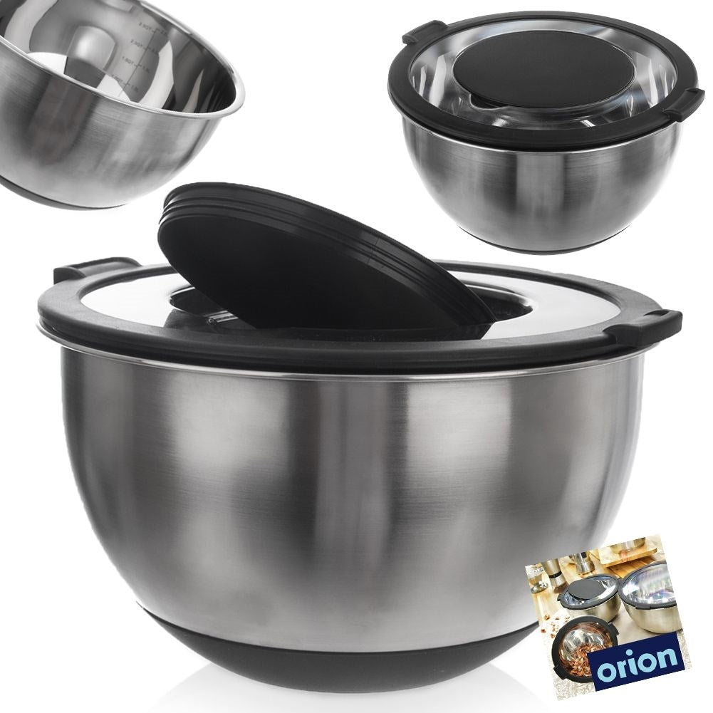 Stainless steel bowl with two-piece lid for kitchen use