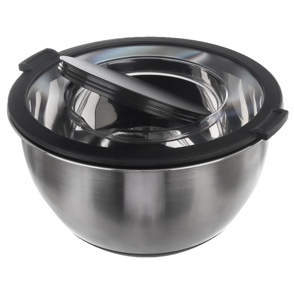 Stainless steel bowl with two-piece lid for kitchen use