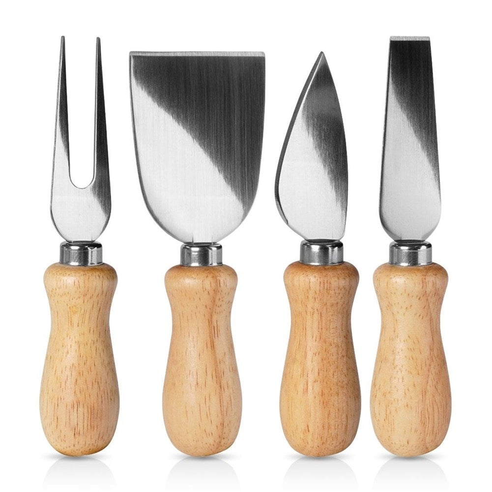 Stainless steel cheese accessory set with wooden handle - 4 parts