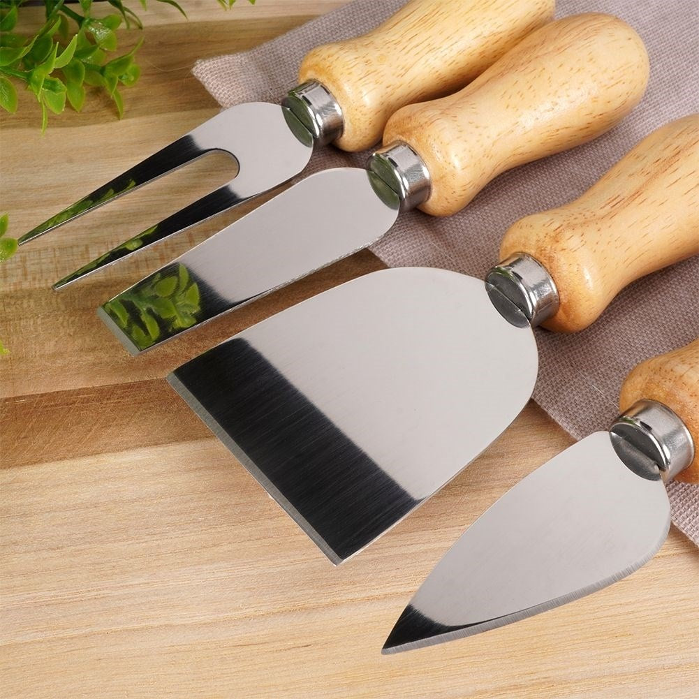 Stainless steel cheese accessory set with wooden handle - 4 parts